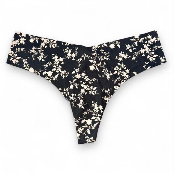 NWT (XXL) Victoria’s Secret Seamless Thong Panty - Black Floral Print - Picture 1 of 10